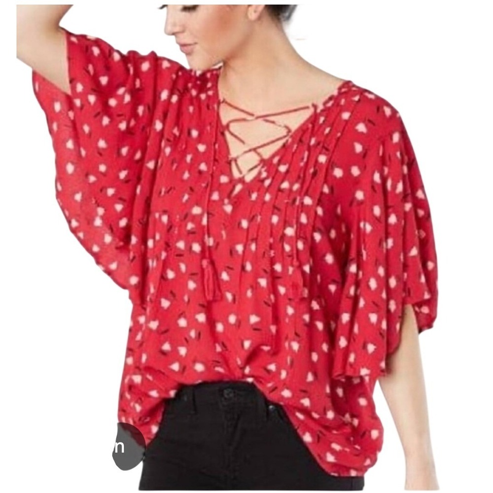 Billabong Womens Ray Of Light Tie Front Floral Print Flutter Sleeve Top Red M